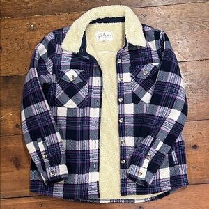 Checkered Sherpa Jacket in Navy, White, and Purple